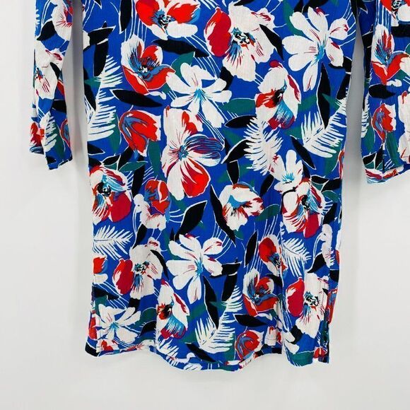 J. Crew Size XXS Blue & Red Floral 3/4 Sleeve V Neck Tissue Tunic Top Coverup - Picture 3 of 6